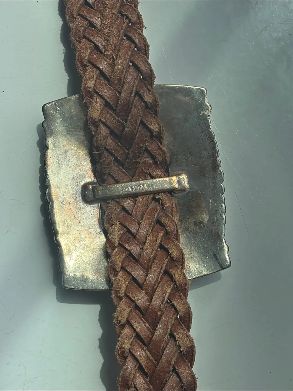 VTG 1994 Brighton Tan Braided Leather Belt with Silver Heart + Cross Conchos